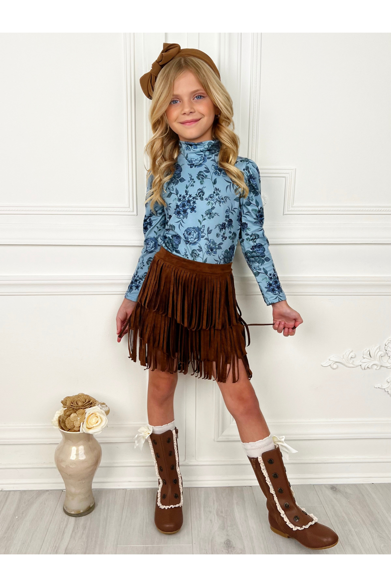 Boho  Long Sleeve Top and Fringe Skort Set, Alternate, color, Brown