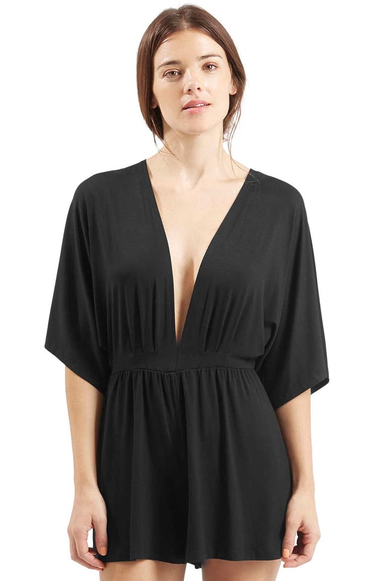 Plunge Jersey Romper, Alternate, color, BLACK