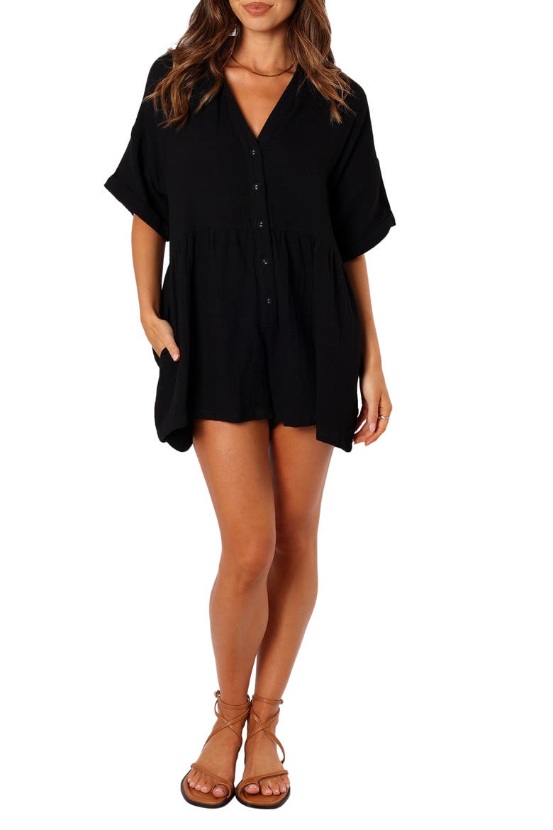 Winny Crinkle Cotton Romper, Main, color, BLACK