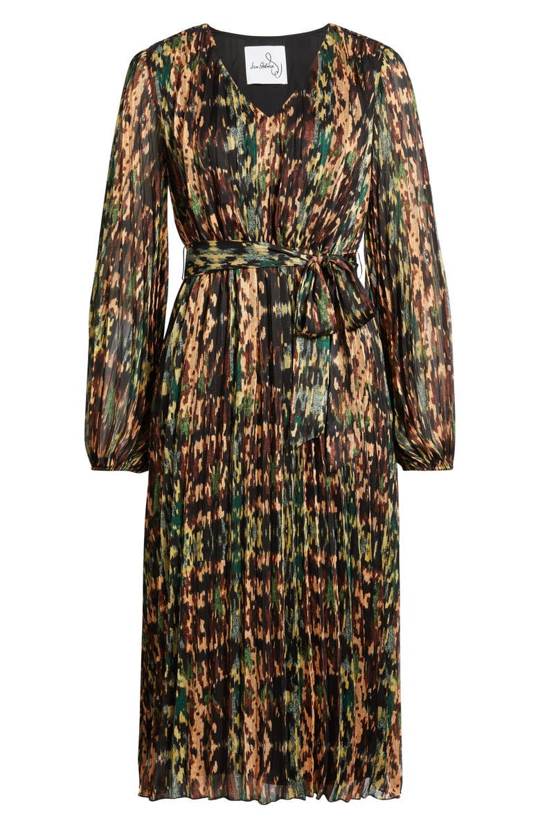 Sam Edelman Metallic Plissé Long Sleeve Midi Dress, Alternate, color, Black Multi