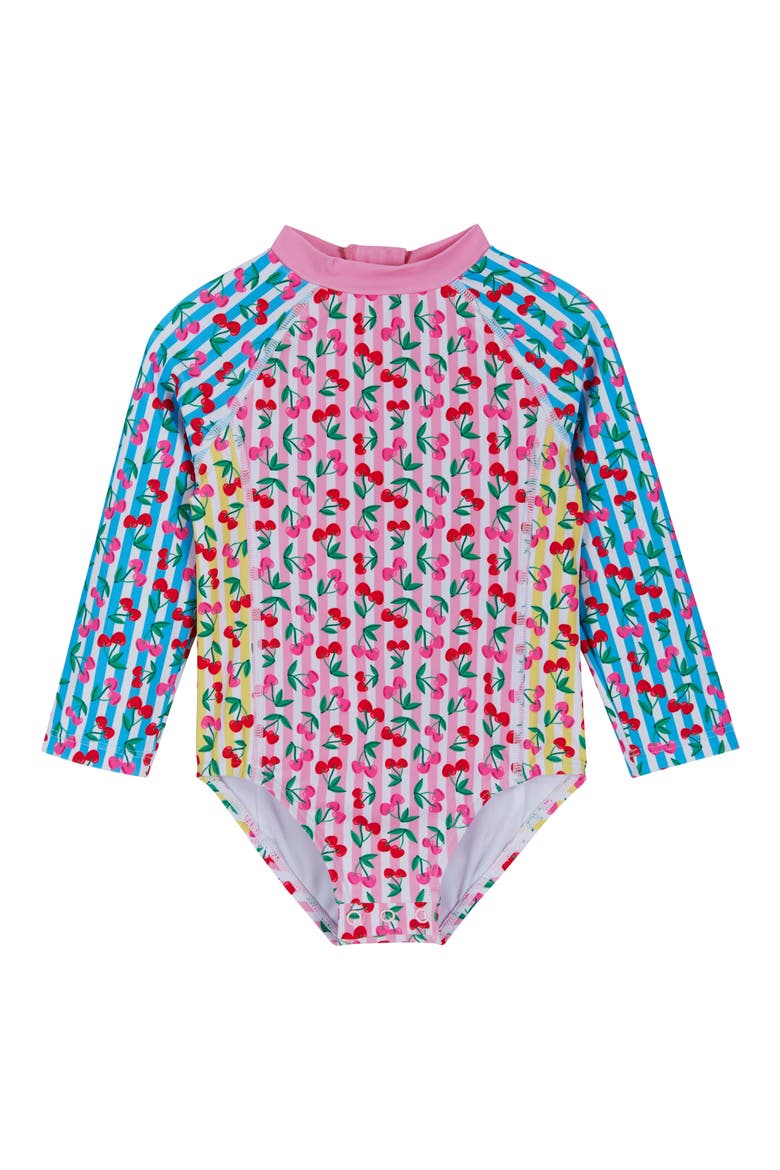 Cherry Stripe Long Sleeve One-Piece Rashguard Swimsuit & Sun Hat Set, Alternate, color, PINK CHERRY