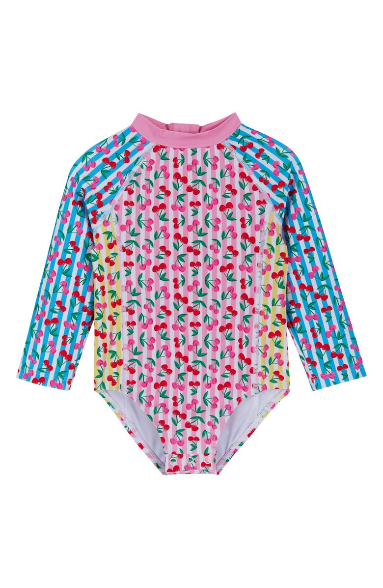 Andy & Evan Cherry Stripe Long Sleeve One-Piece Rashguard Swimsuit & Sun Hat Set, Alternate, color, Pink Cherry