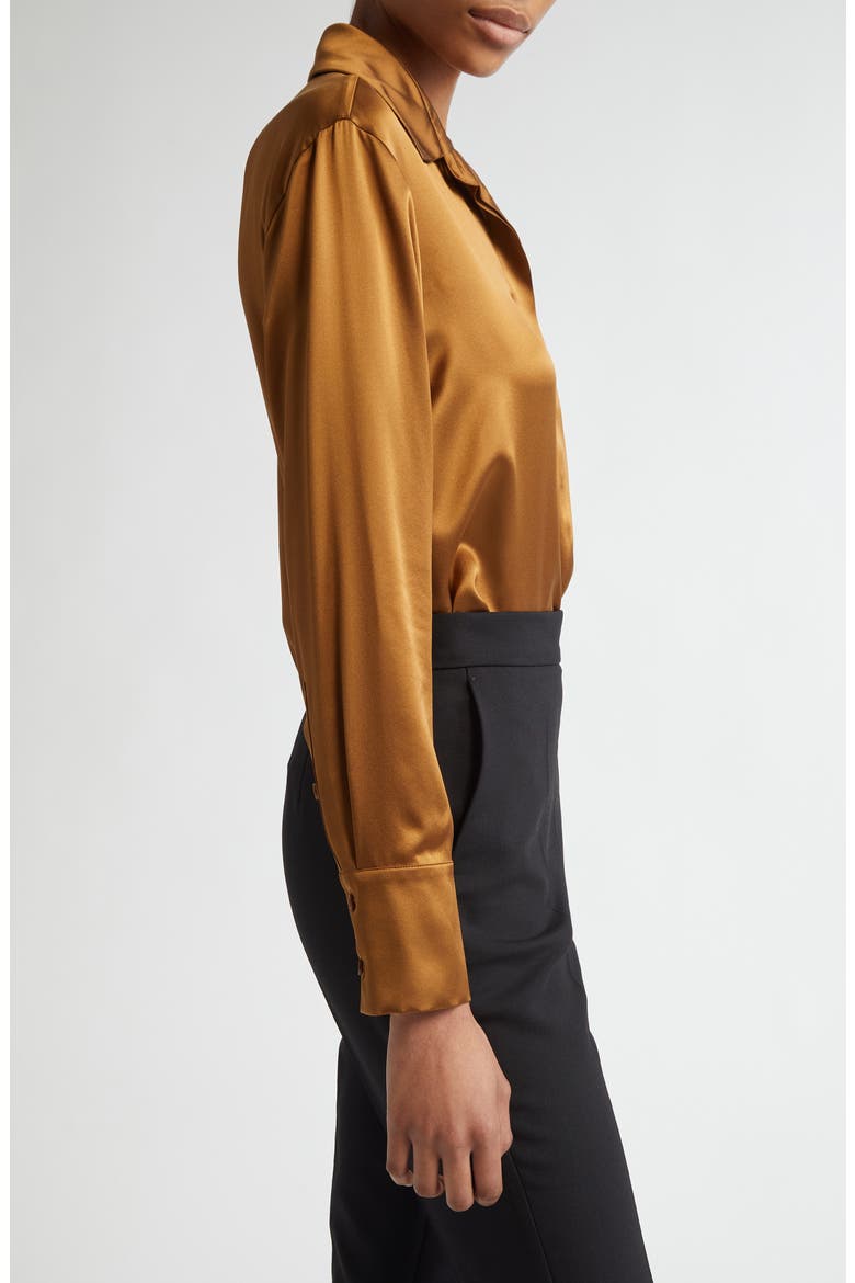 Mazurca Silk Satin Button-Up Shirt, Alternate, color, TOBACCO