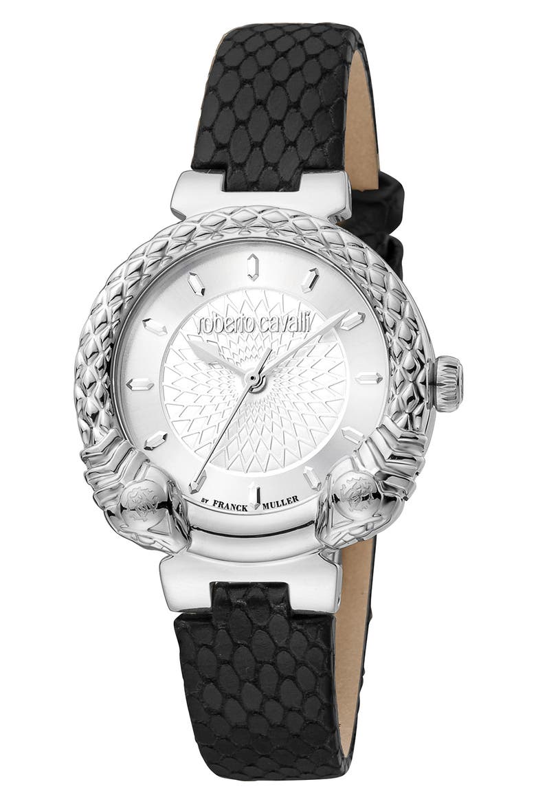 Snake Swiss Quartz Embossed Leather Strap Watch, 32mm, Main, color, BLACK