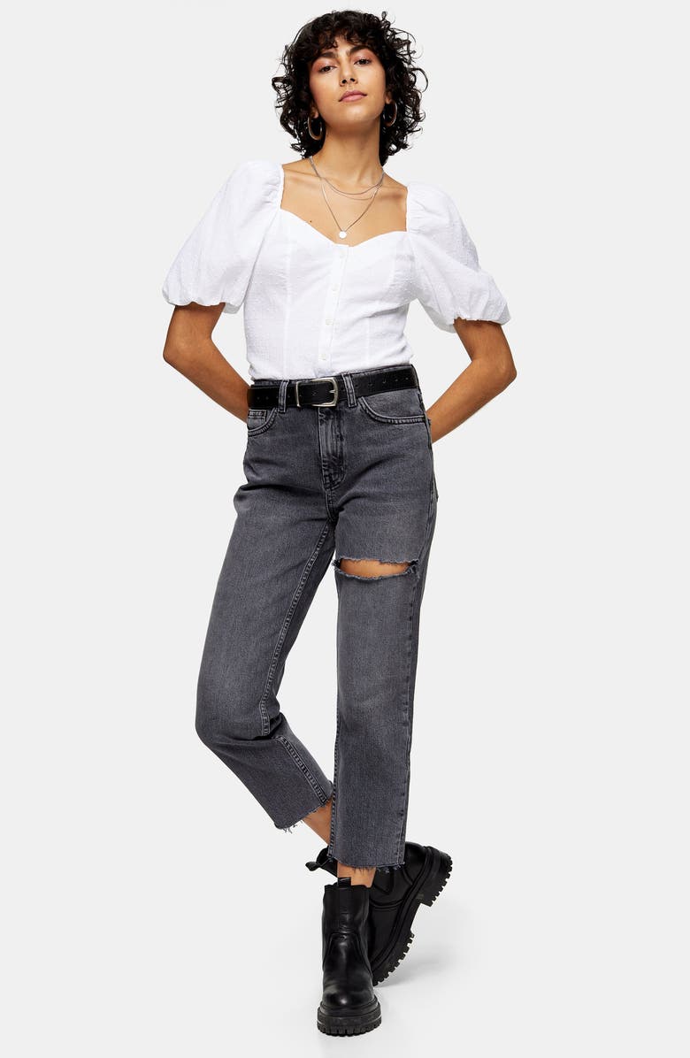 Topshop NY Thigh Rip Raw Hem Straight Leg Jeans, Alternate, color, 