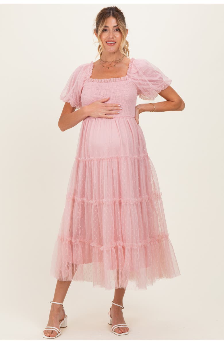 PinkBlush Pink Tulle Tulle Puff Sleeve Smocked Midi Dress, Main, color, Light Pink