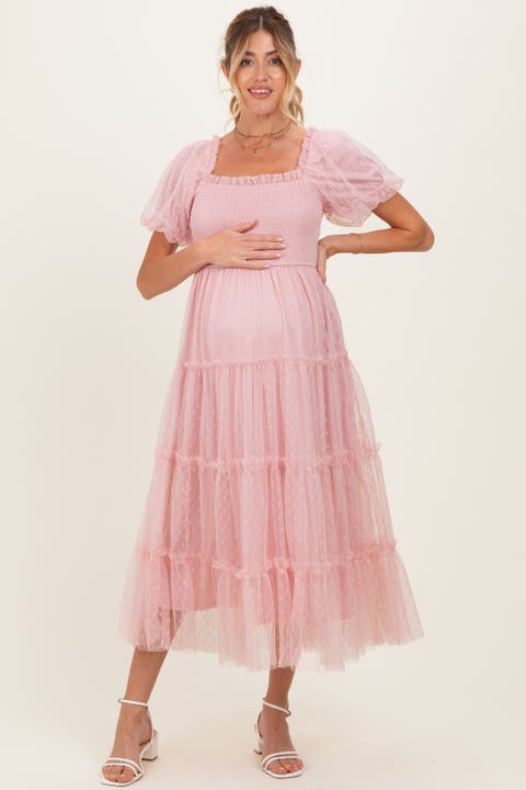 Pink Tulle Tulle Puff Sleeve Smocked Midi Dress