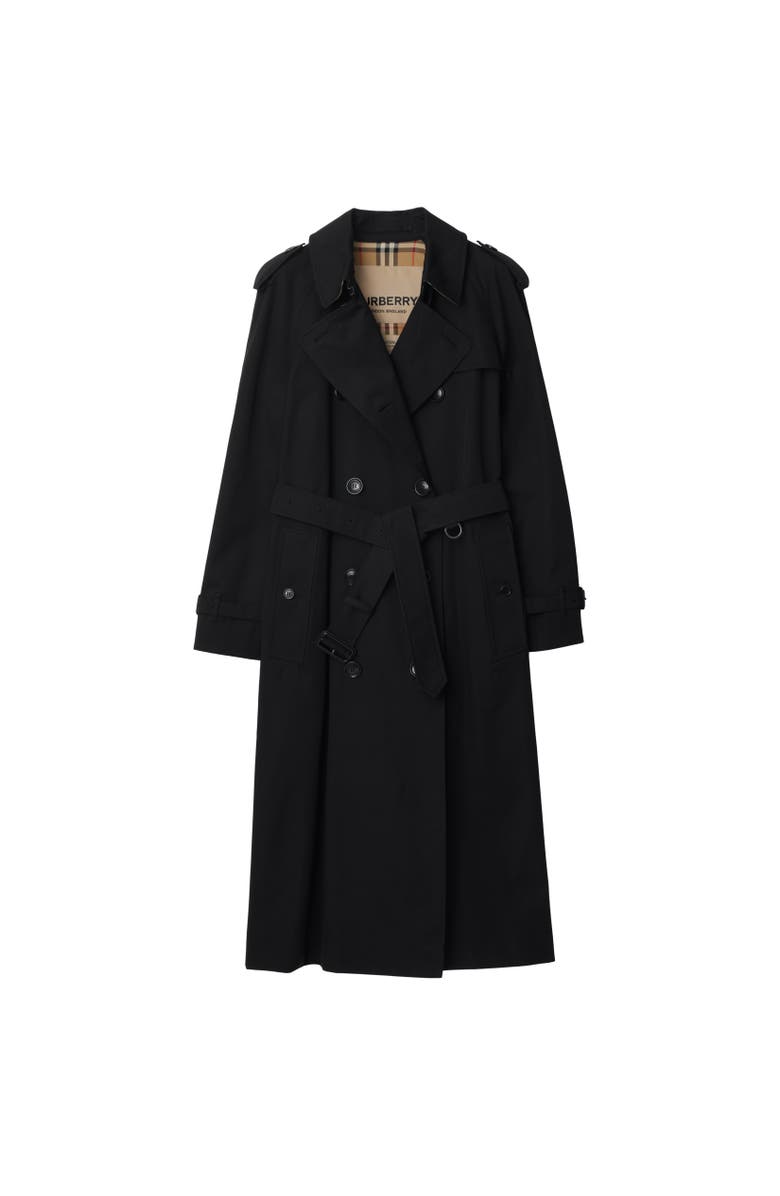 Burberry Long Tropical Gabardine Waterloo Trench Coat, Alternate, color, Black