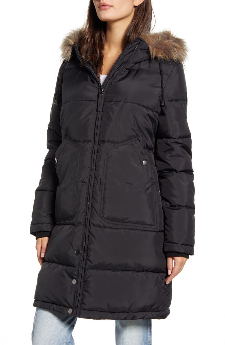 Maralyn & Me Faux Fur Trim Longline Puffer Jacket, Alternate, color,
