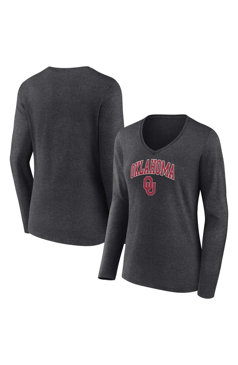 FANATICS Women's Fanatics Branded Heather Charcoal Oklahoma Sooners Evergreen Campus Long Sleeve V-Neck T-Shirt, Main, color,