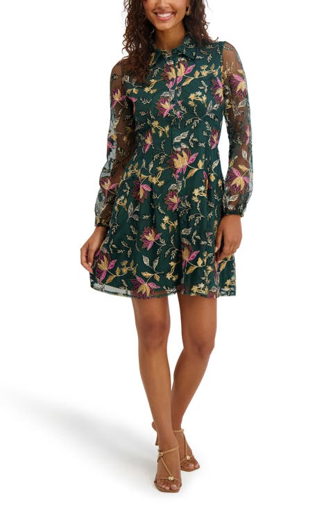 Embroidered Mesh Long Sleeve Shirtdress