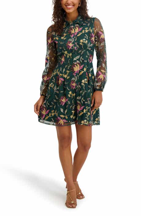 Embroidered Mesh Long Sleeve Shirtdress