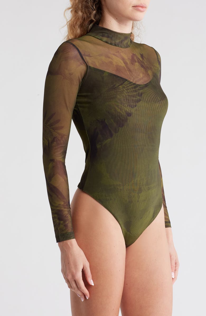 AllSaints Elia Colca Mesh Mock Neck Bodysuit, Alternate, color, Olive Green