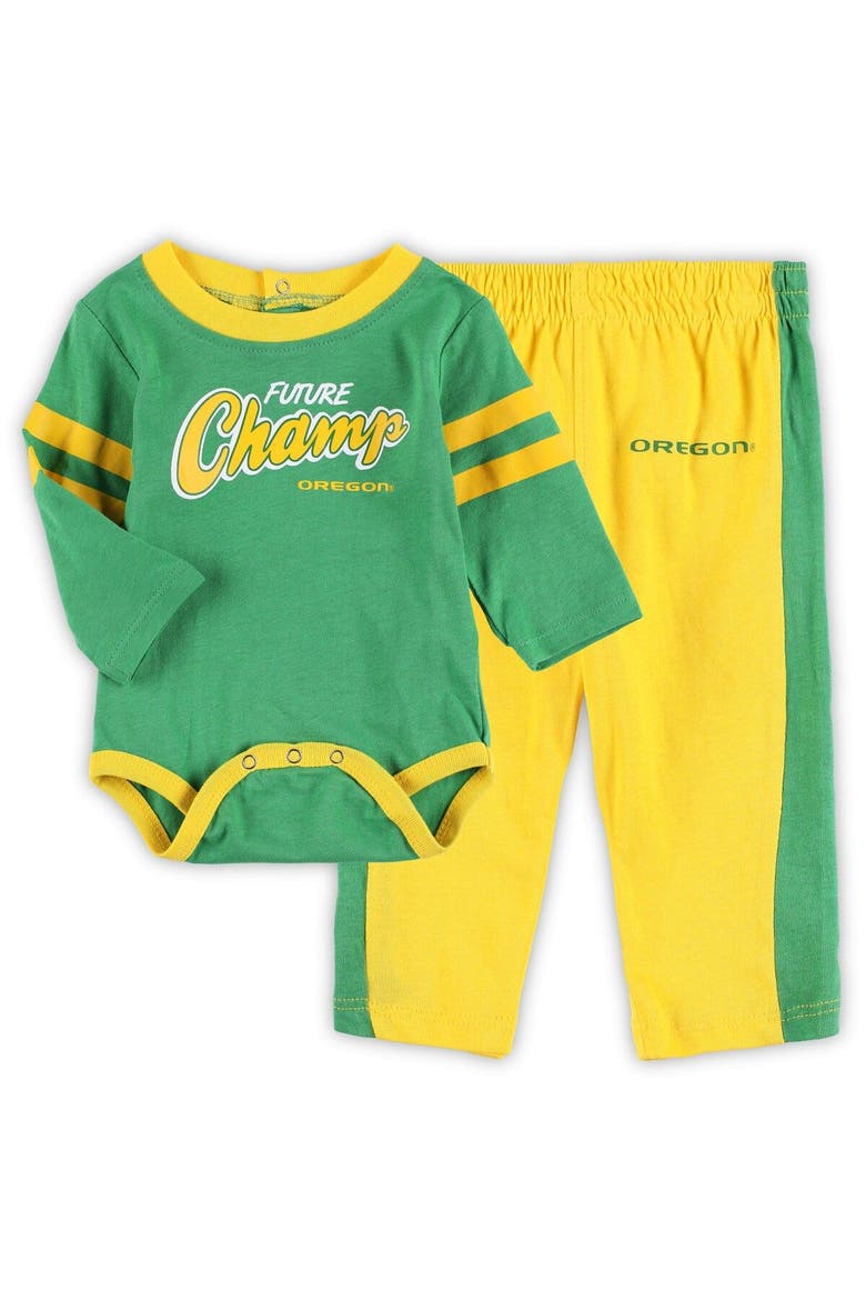 Newborn & Infant Green/Gold Oregon Ducks Little Kicker Long Sleeve Bodysuit & Sweatpants Set, Main, color, Green