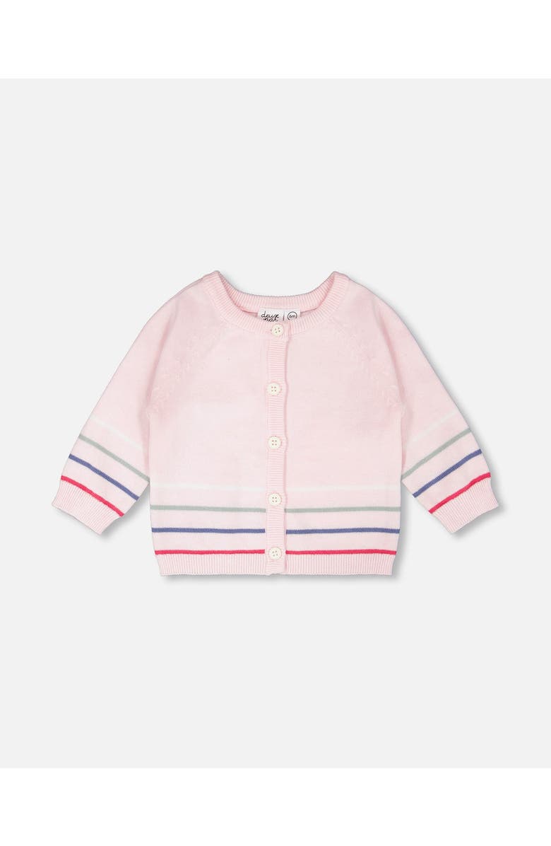 Deux par Deux Girl Cotton Knit Striped Button Front Cardigan, Main, color, Light Pink