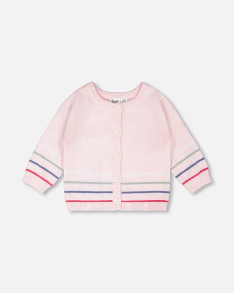 Girl Cotton Knit Striped Button Front Cardigan (Baby)