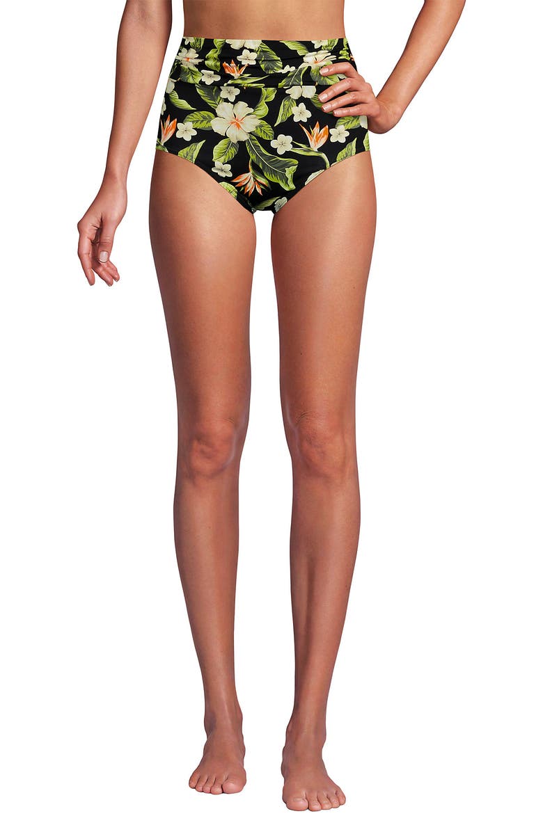 Lands' End Chlorine Resistant Ruched Natural High Waisted Full Coverage Bikini Swim Bottoms, Alternate, color, Hibiscus Floral/Black