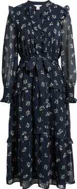 Caslon® Floral Fil Coupé Long Sleeve Midi Dress