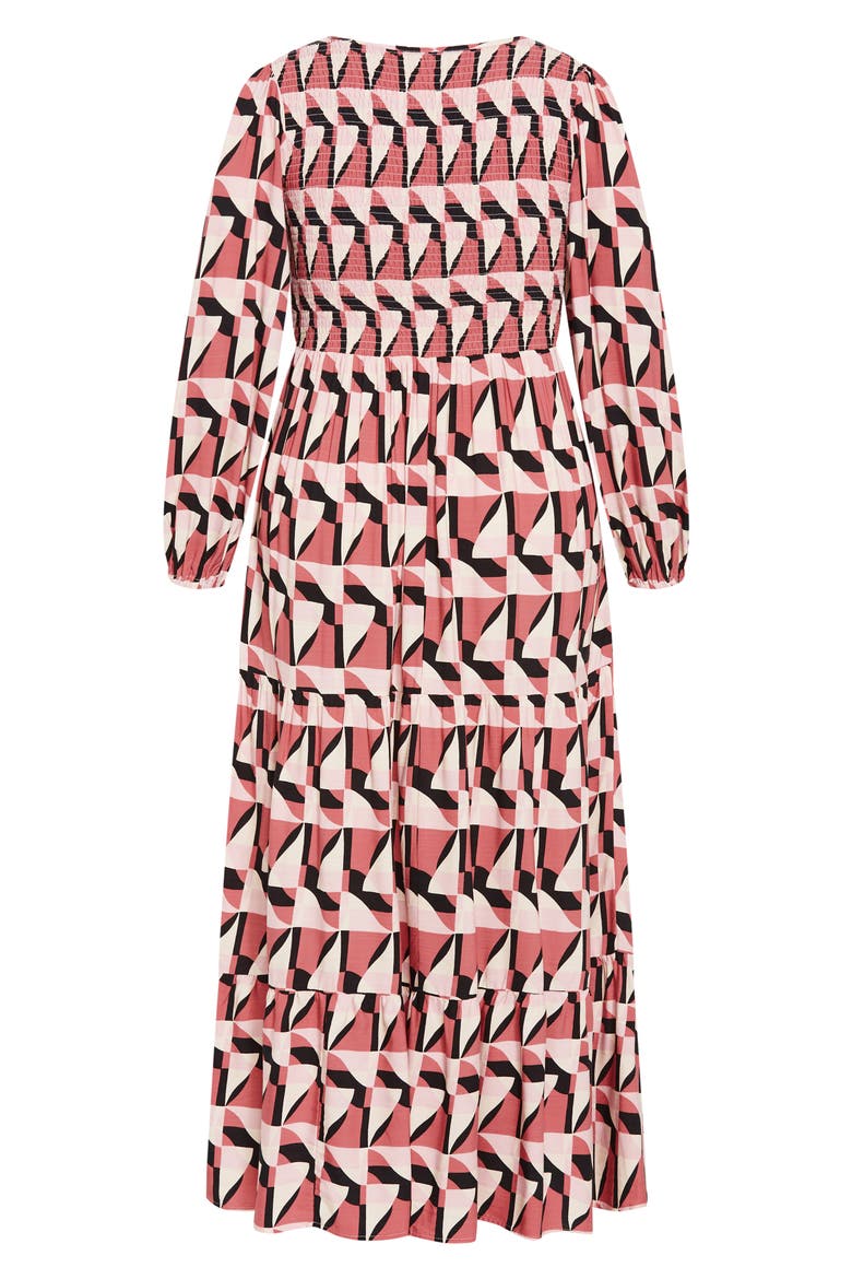 Adley Printed Smocked Bodice Long Sleeve Maxi Dress, Alternate, color, GEO PRINT