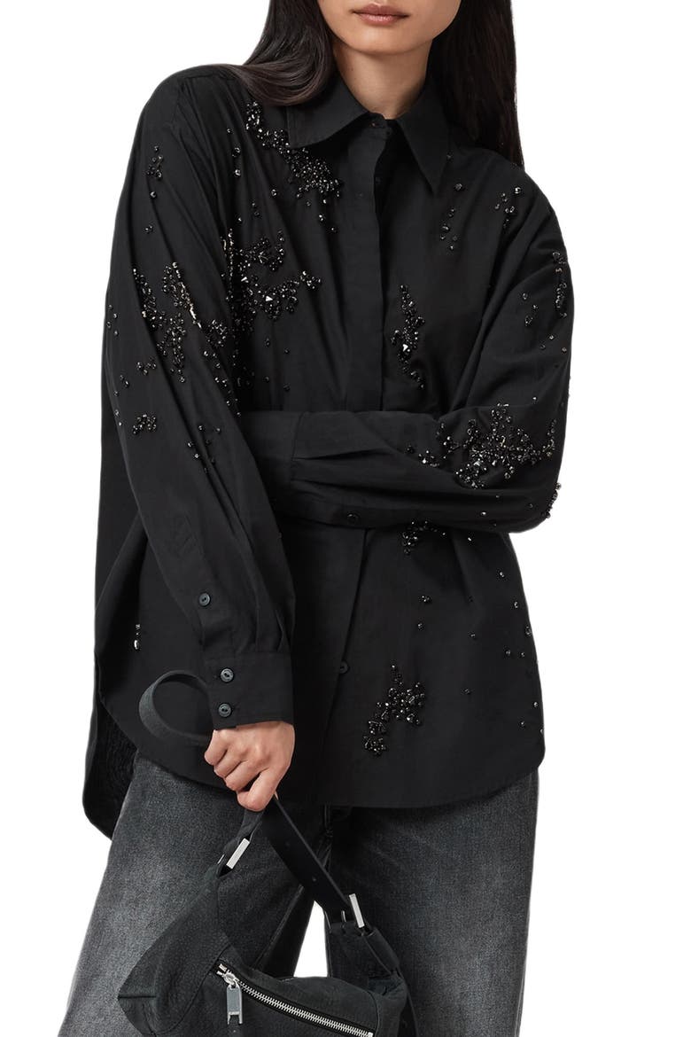 Gemi Bead Detail Cotton Button-Up Shirt, Alternate, color, BLACK