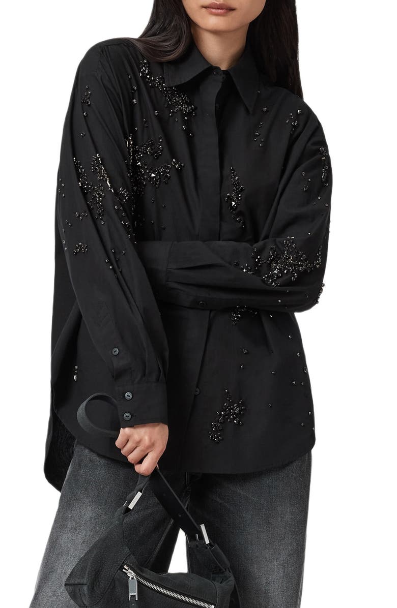 AllSaints Gemi Bead Detail Cotton Button-Up Shirt, Alternate, color, Black