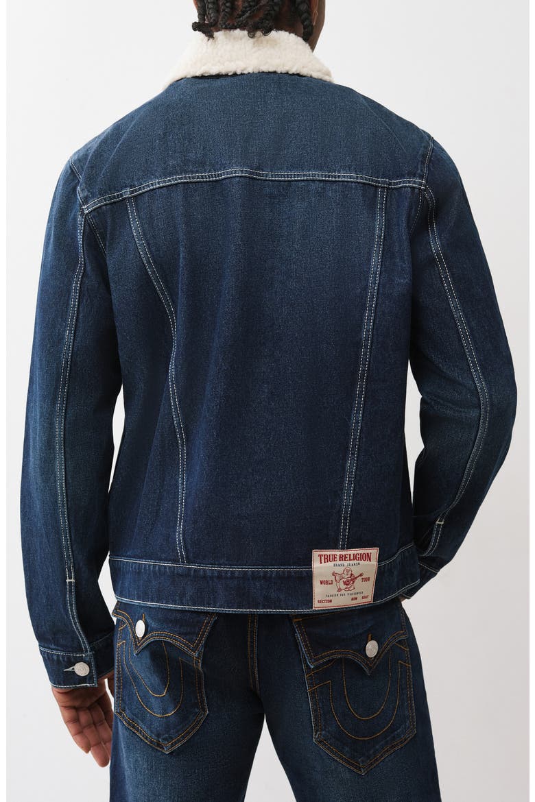 Jessie Faux Shearling Collar Denim Jacket, Alternate, color, DARK WOODLAND WASH
