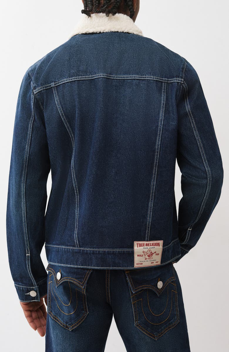 True Religion Jessie Faux Shearling Collar Denim Jacket, Alternate, color, Dark Woodland Wash