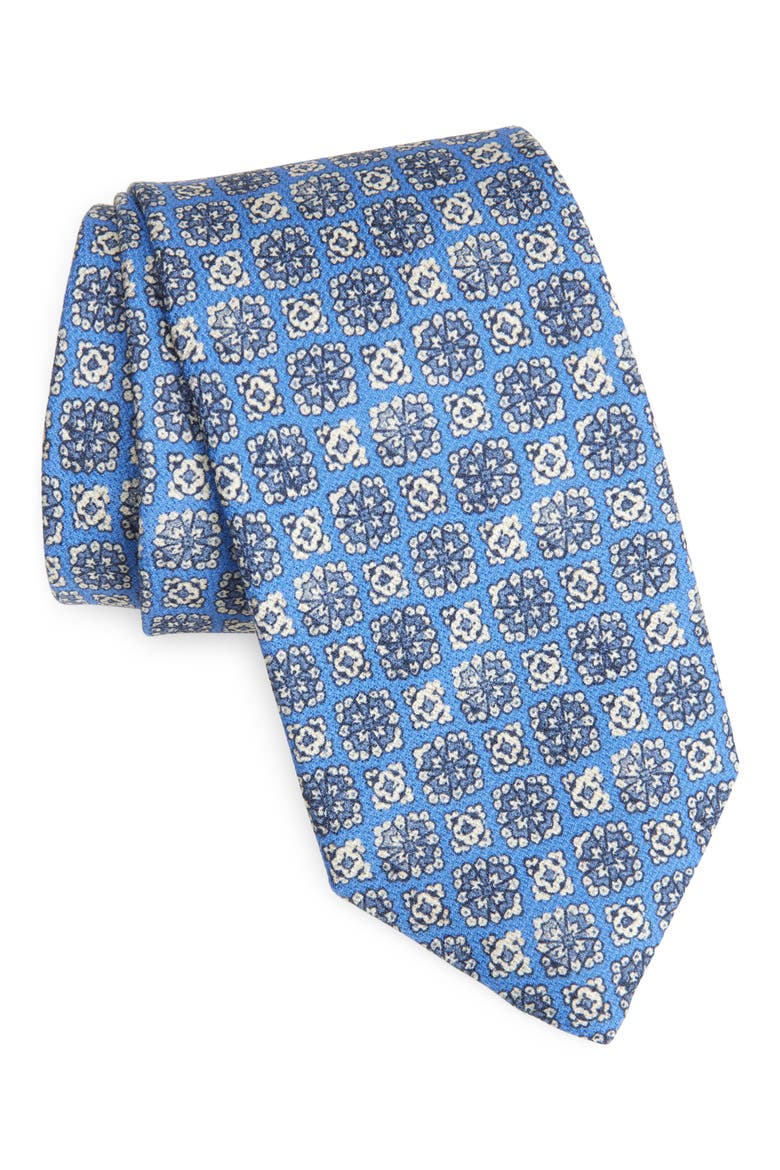 Floral Medallion Print Silk Tie, Main, color, BLUE