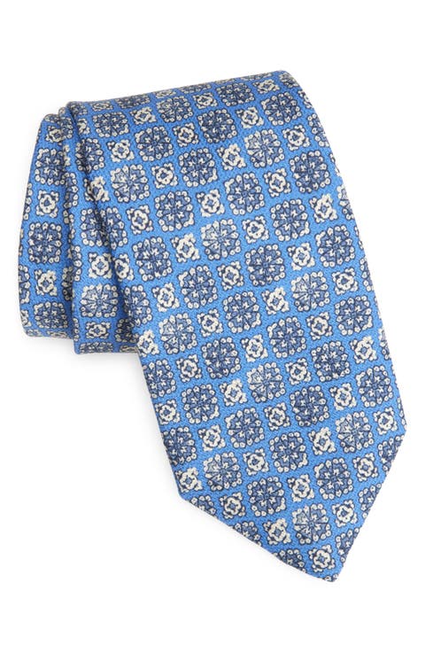 Floral Medallion Print Silk Tie