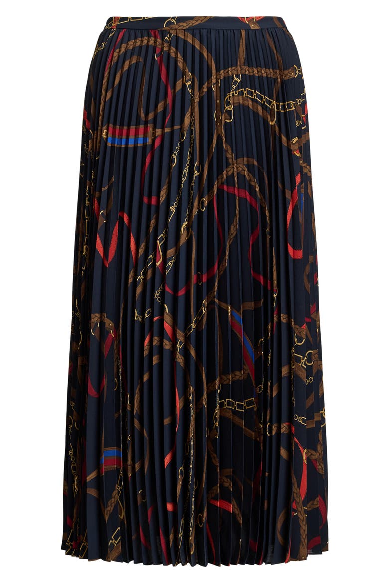Belting Print Pleated Georgette Skirt, Alternate, color, NAVY MULTI