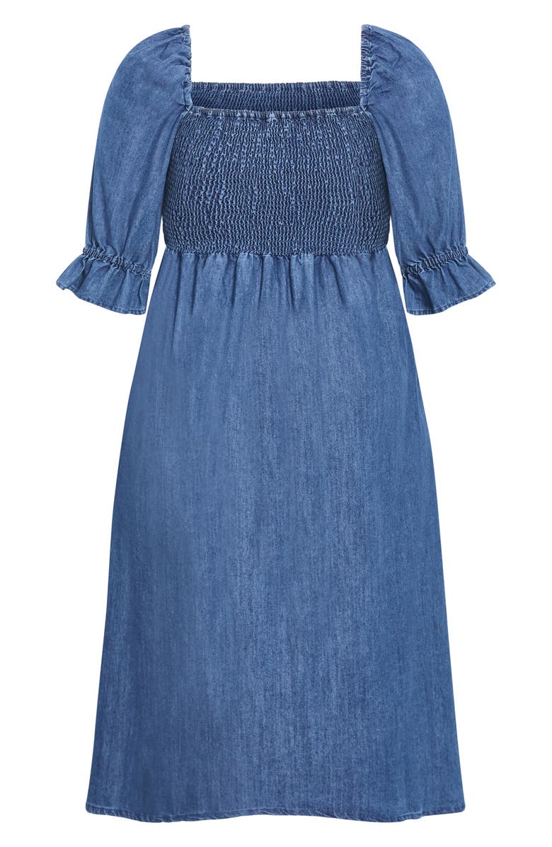 City Chic Kaitlyn Smocked Denim Dress, Alternate, color, Mid Wash