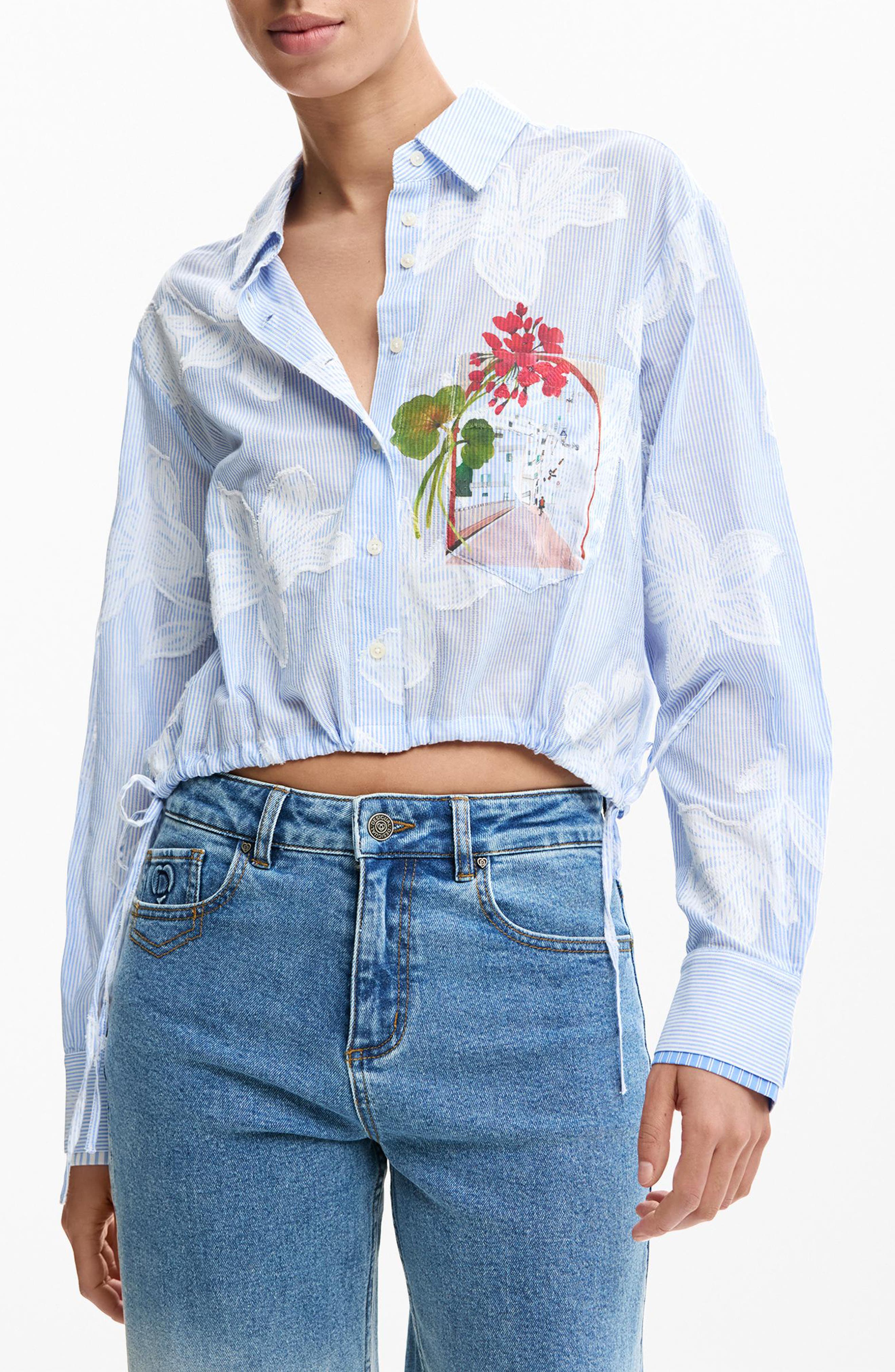 Floral Print Drawstring Crop Button-Up Top
