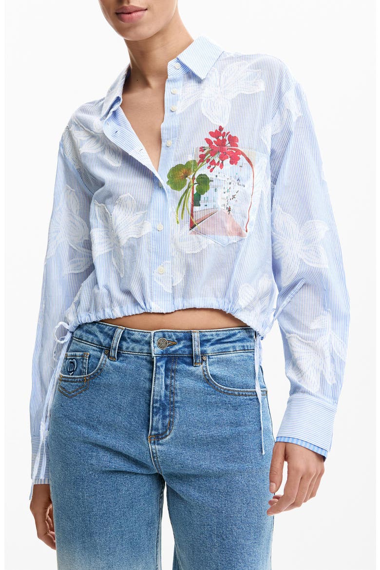 Floral Print Drawstring Crop Button-Up Top, Main, color, BLUE