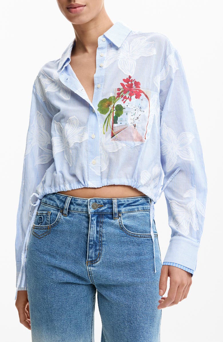 Desigual Floral Print Drawstring Crop Button-Up Top, Main, color,