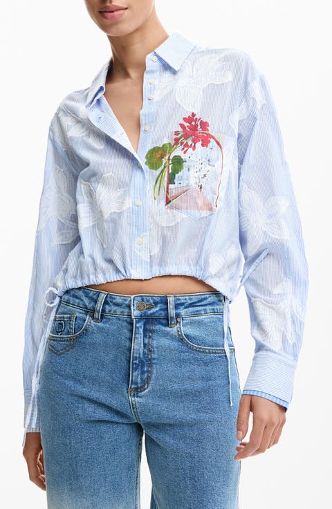 Floral Print Drawstring Crop Button-Up Top