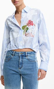 Desigual Floral Print Drawstring Crop Button-Up Top