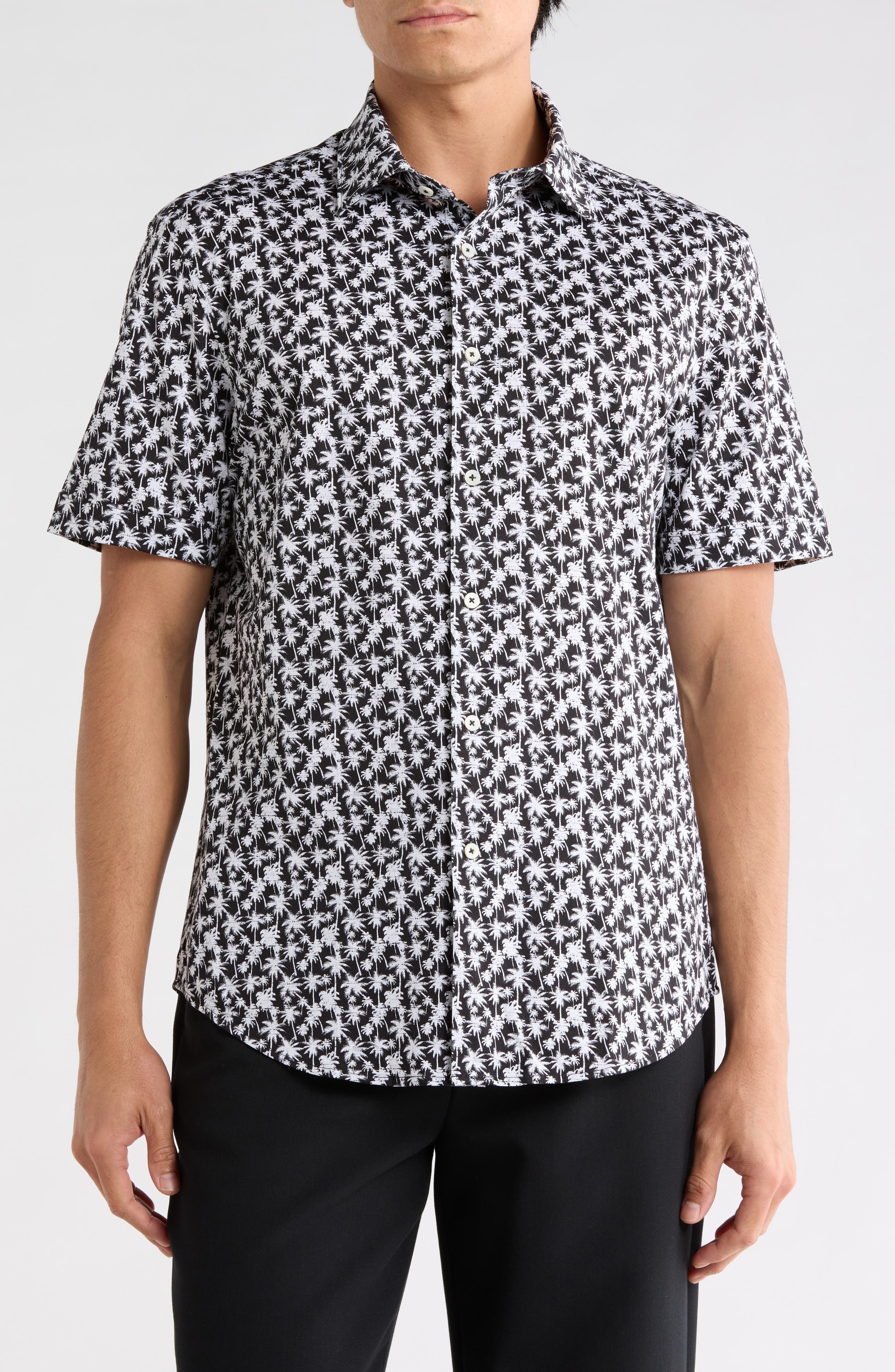 Bugatchi OoohCotton® Palm Tree Print Short Sleeve Button-Up Shirt