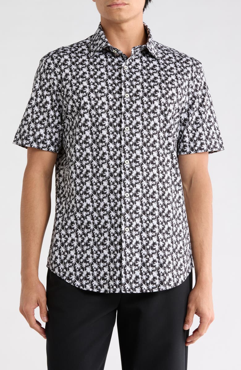 Bugatchi OoohCotton<sup>®</sup> Palm Tree Print Short Sleeve Button-Up Shirt, Main, color, Black