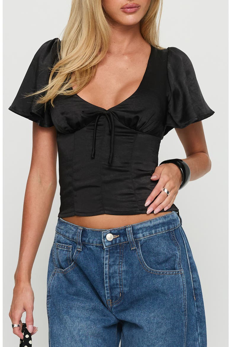 Sun Will Rise Tie Detail Satin Crop Top, Main, color, BLACK