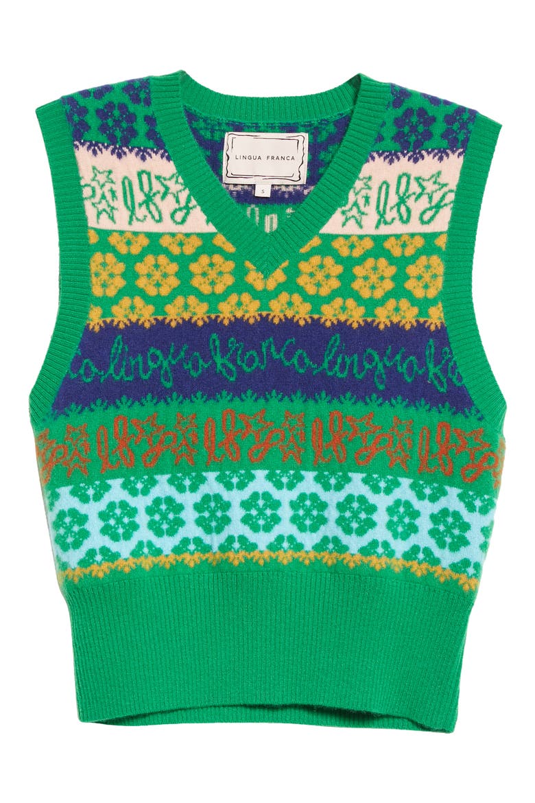 x Nordstrom Gender Inclusive Logo Jacquard Cashmere Sweater Vest, Alternate, color, KELLY GREEN MULTI