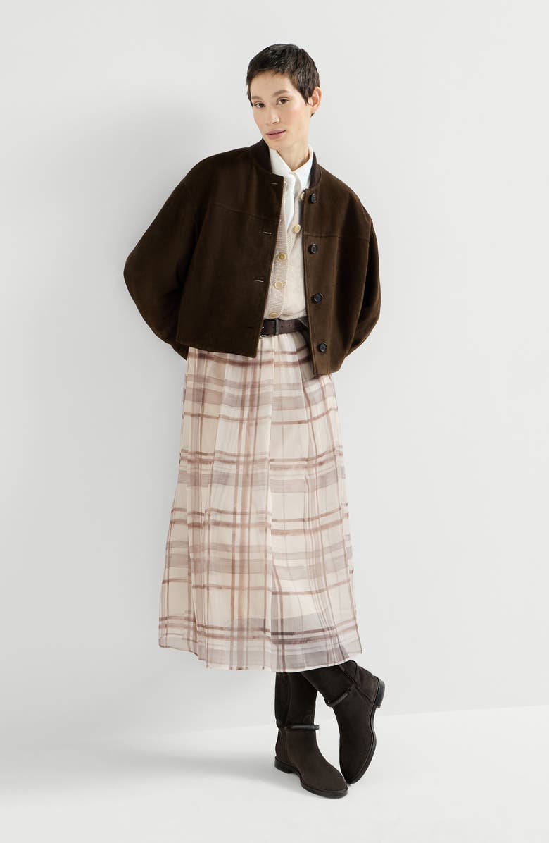 Brunello Cucinelli Macrocheck print pleated skirt, Alternate, color, White