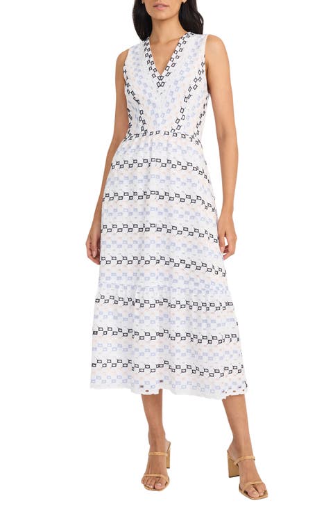 Embroidered Eyelet Sleeveless Cotton A-Line Midi Dress