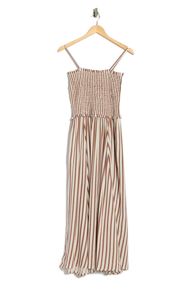 Stripe Smocked Cover-Up Midi Dress, Alternate, color, BROWN