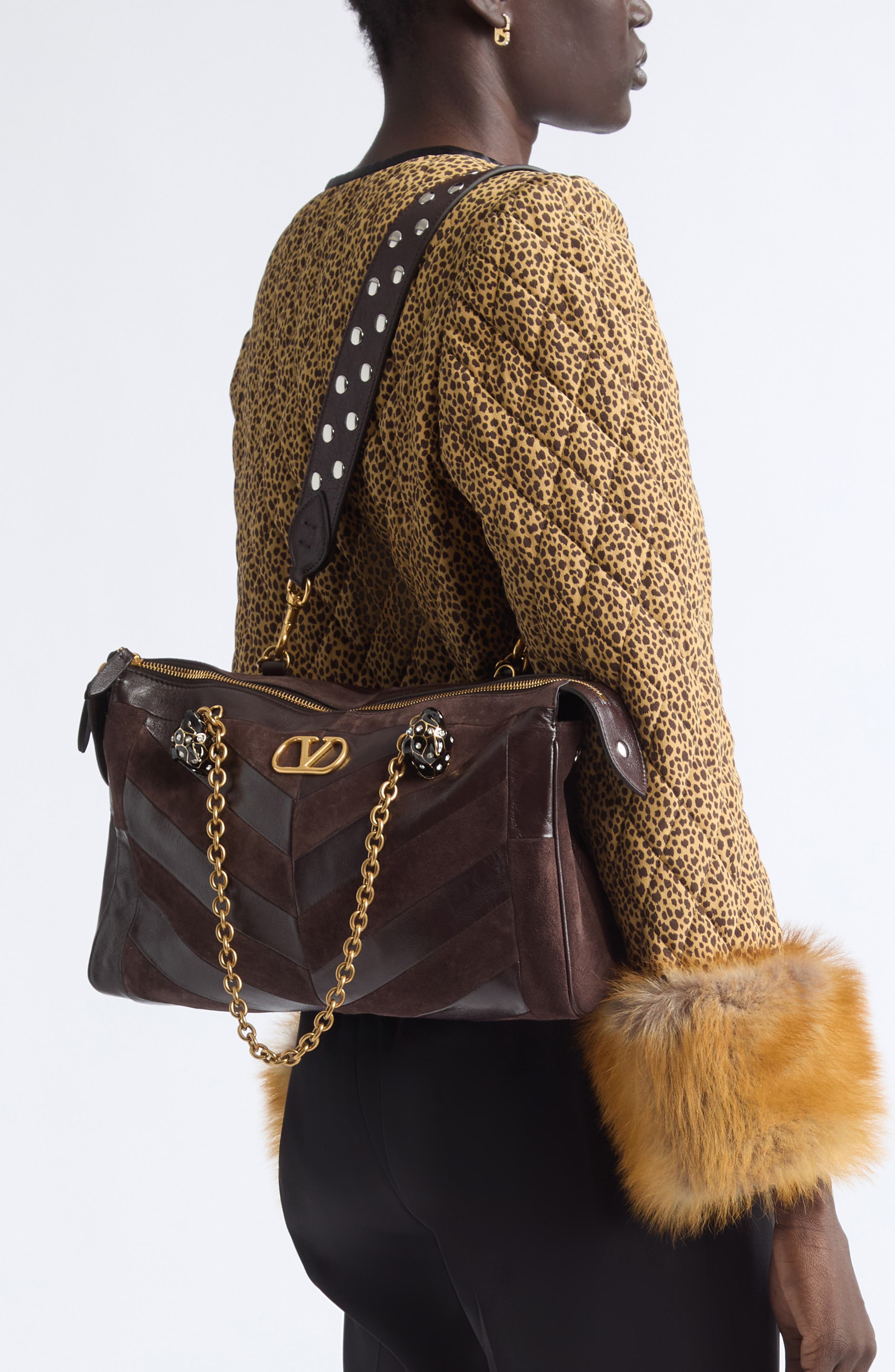 Medium Panthea Leather & Suede Shoulder Bag, Alternate, color, BROWN