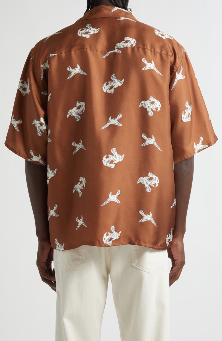 Marni Raven Print Silk Twill Bowling Shirt, Alternate, color, Ram Maroon
