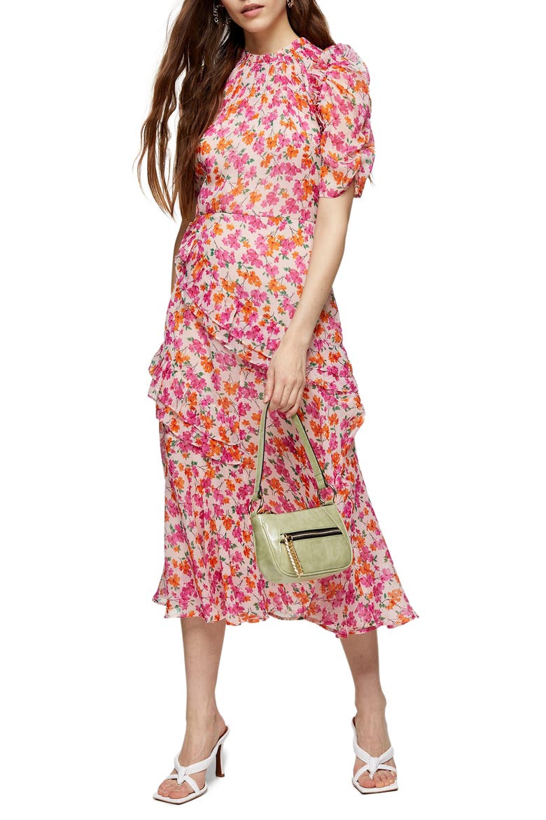 Floral Ruffle Midi Dress, Main, color, PINK MULTI