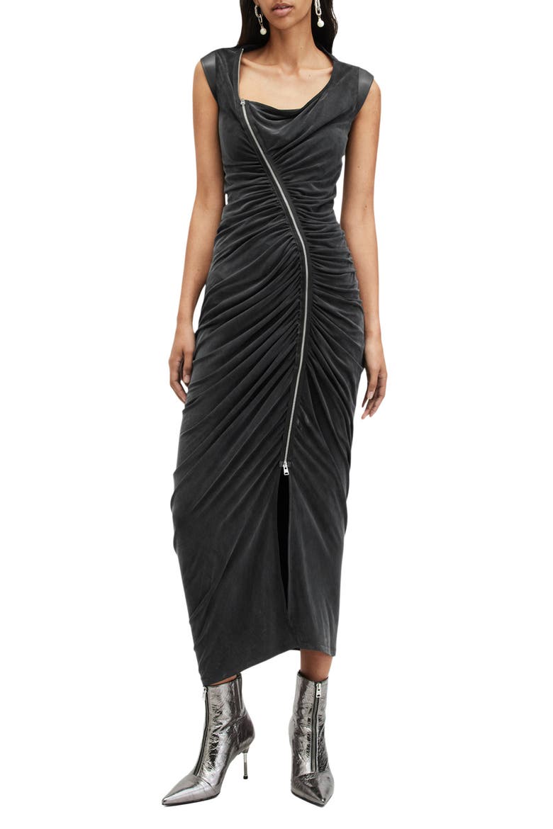 Umbra Asymmetric Ruched Dress, Main, color, BLACK