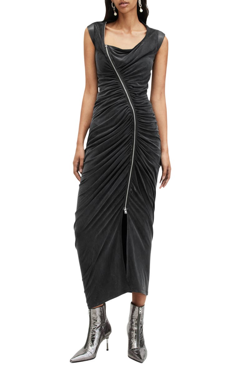 AllSaints Umbra Asymmetric Ruched Dress, Main, color, Black