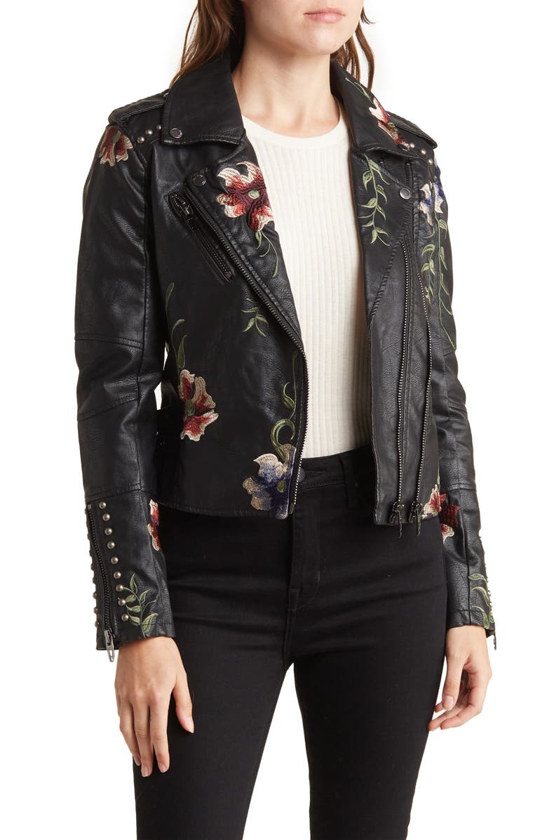 BLANKNYC Floral Embroidered Studded Faux Leather Moto Jacket, Main, color, 