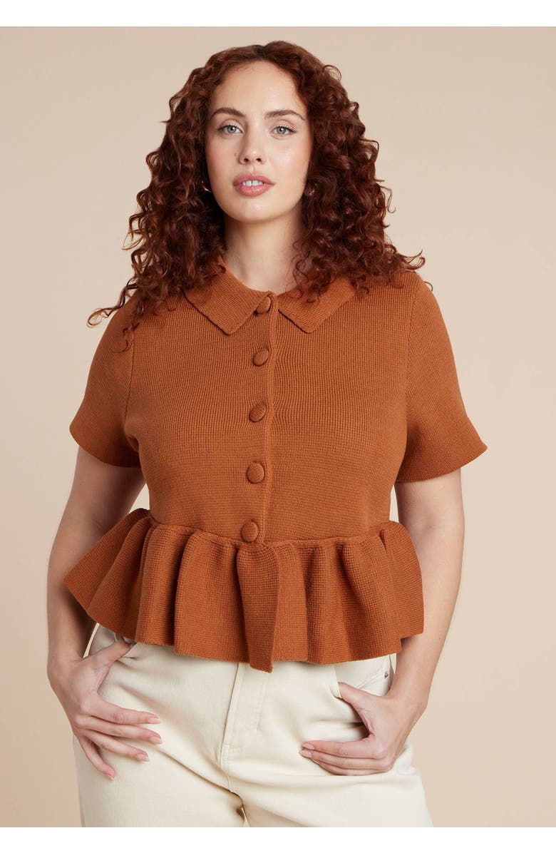 ELOQUII Short Sleeve Cardigan With Peplum, Main, color, Rustic Brown
